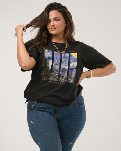 Oversized Van Gogh Starry Night T-Shirt - Black