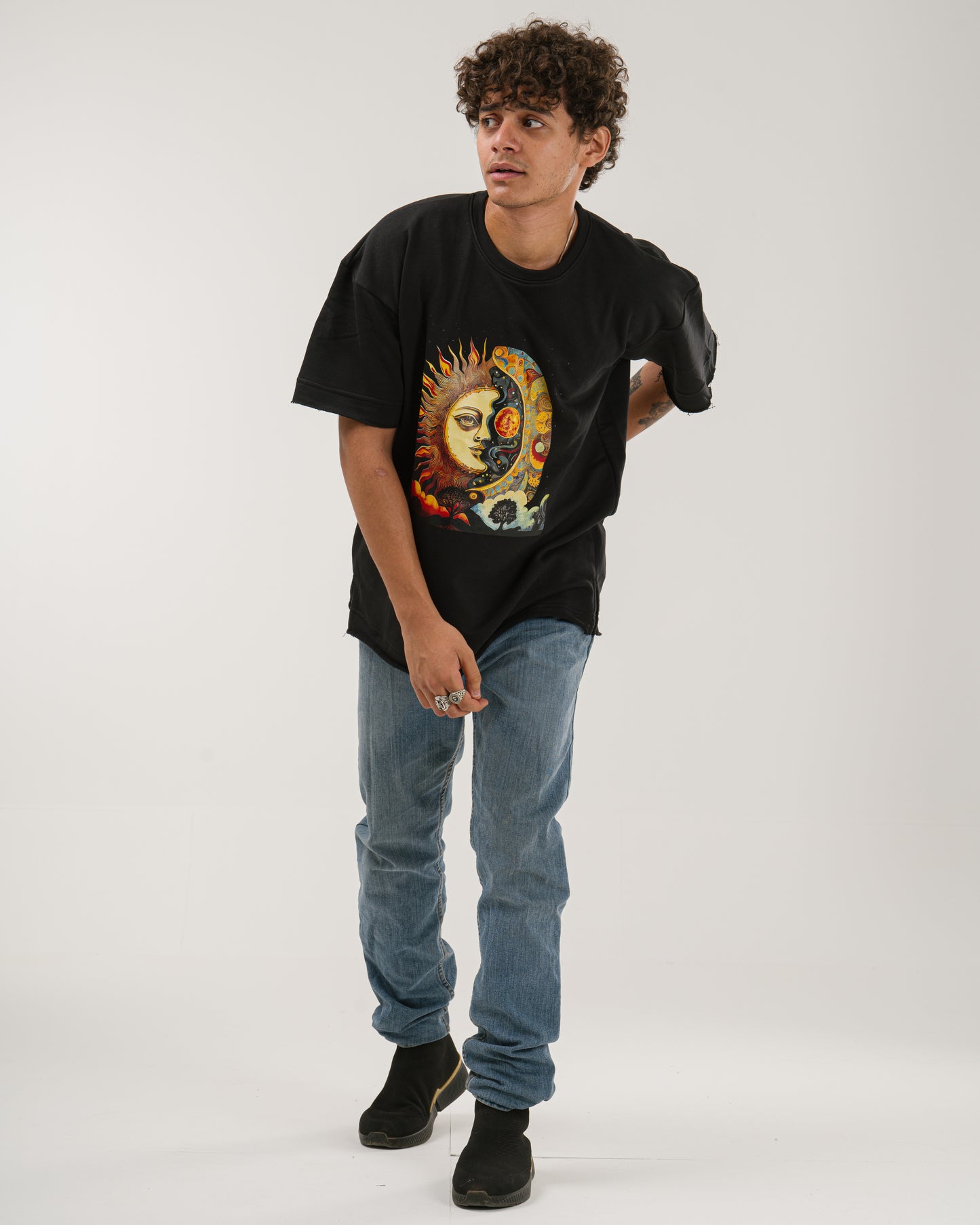 Oversized Celestial Sun and Moon T-Shirt - Black