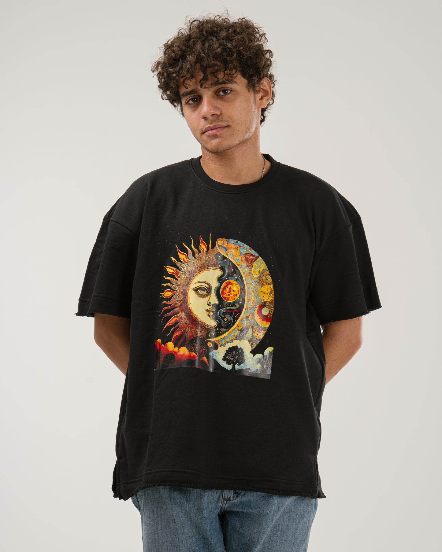 Oversized Celestial Sun and Moon T-Shirt - Black