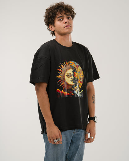 Oversized Celestial Sun and Moon T-Shirt - Black