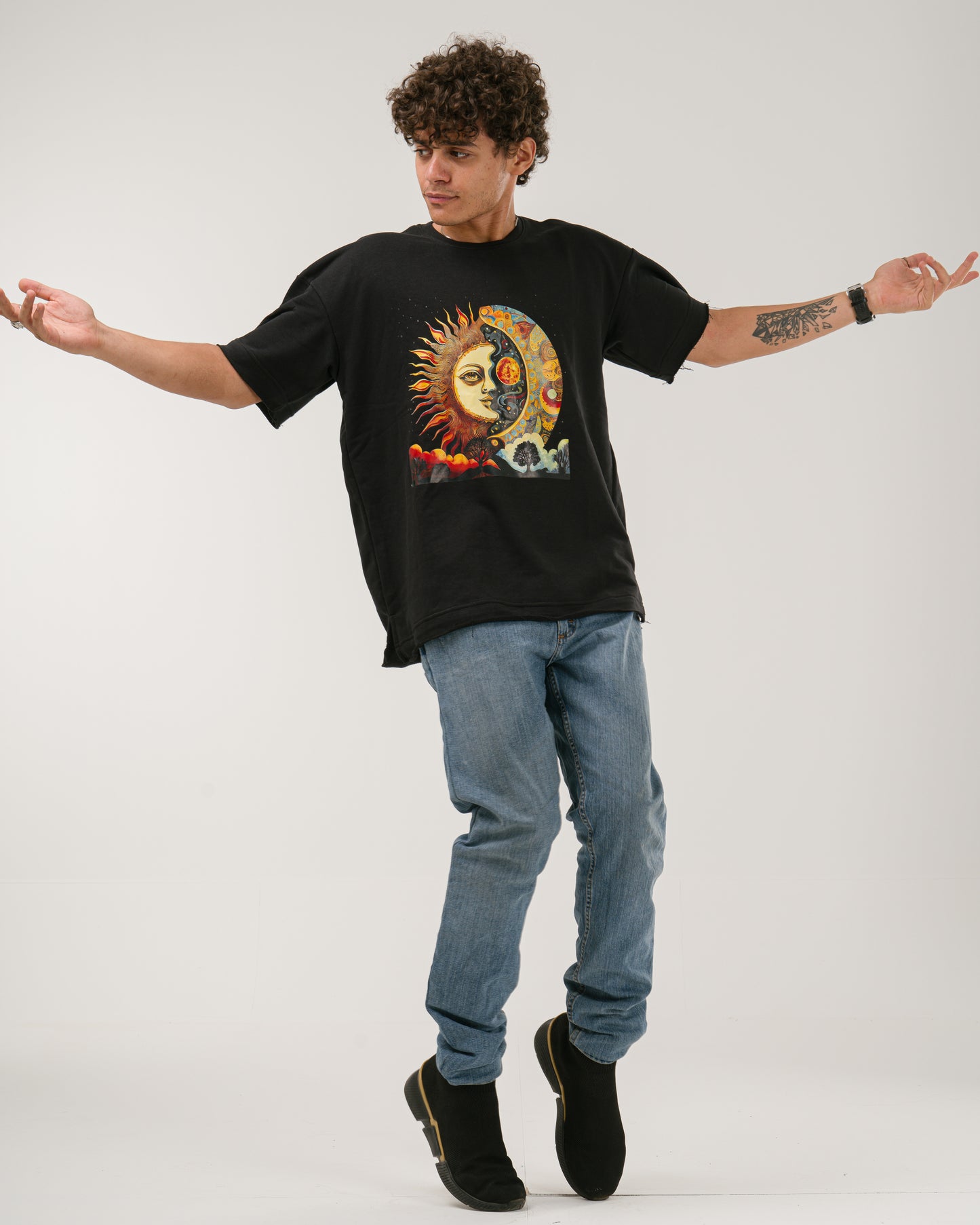 Oversized Celestial Sun and Moon T-Shirt - Black