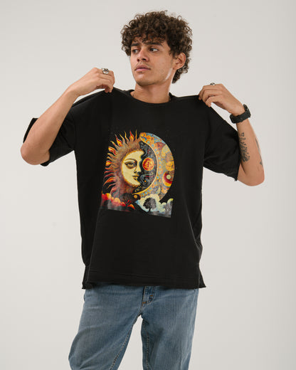 Oversized Celestial Sun and Moon T-Shirt - Black