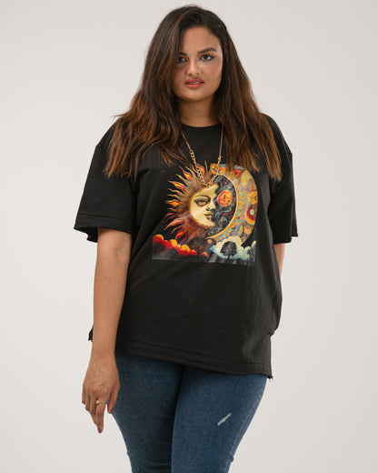 Oversized Celestial Sun and Moon T-Shirt - Black