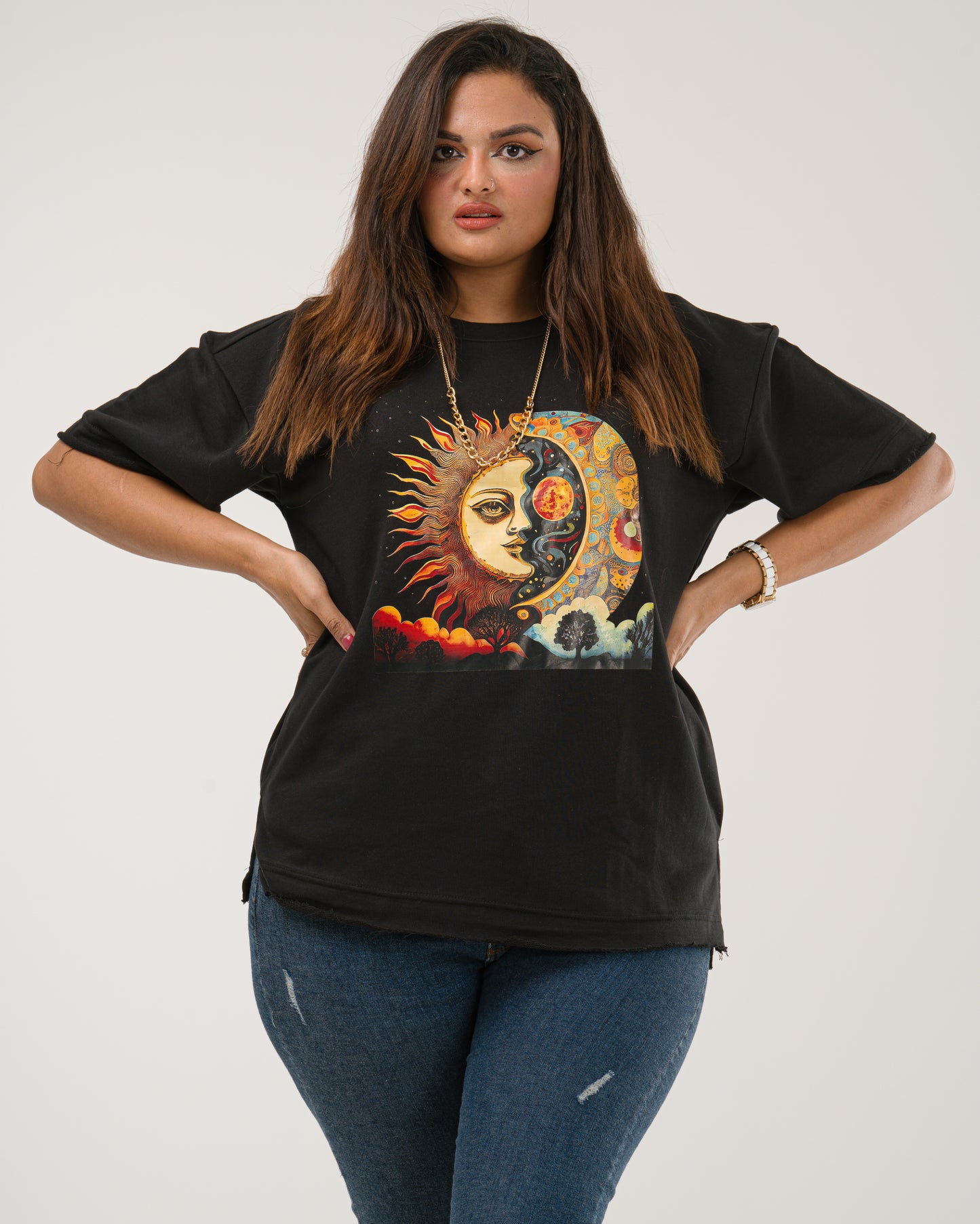 Oversized Celestial Sun and Moon T-Shirt - Black