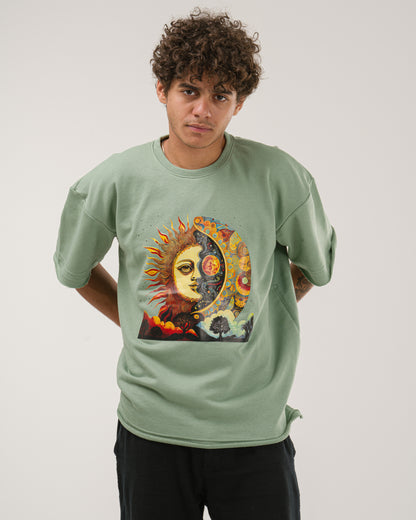 Oversized Celestial Sun and Moon T-Shirt - Mint Green