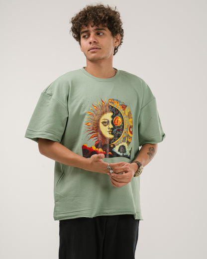 Oversized Celestial Sun and Moon T-Shirt - Mint Green