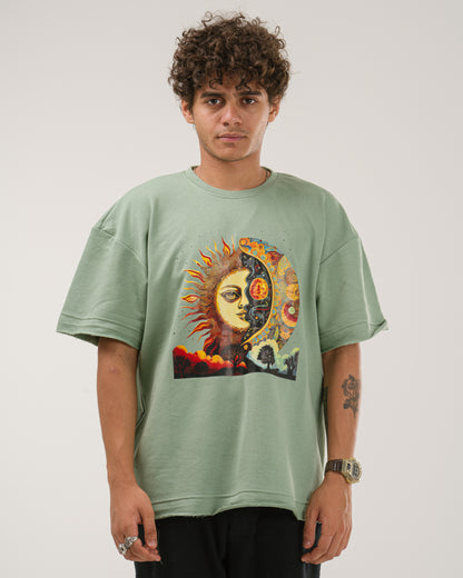 Oversized Celestial Sun and Moon T-Shirt - Mint Green