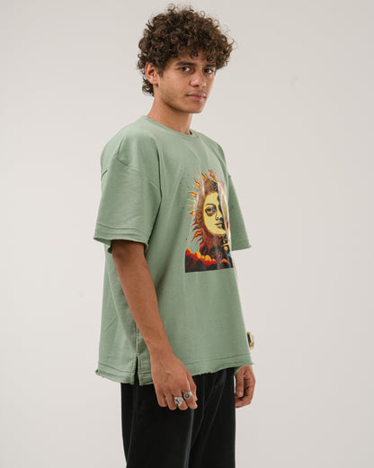 Oversized Celestial Sun and Moon T-Shirt - Mint Green