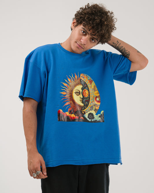 Oversized Celestial Sun and Moon T-Shirt - Blue