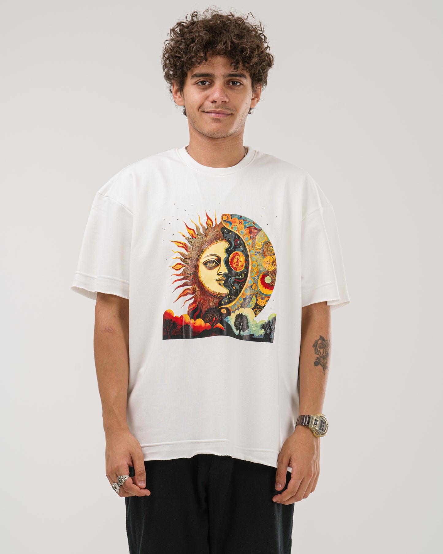 Oversized Celestial Sun and Moon T-Shirt - White