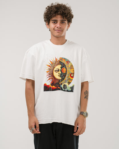 Oversized Celestial Sun and Moon T-Shirt - White