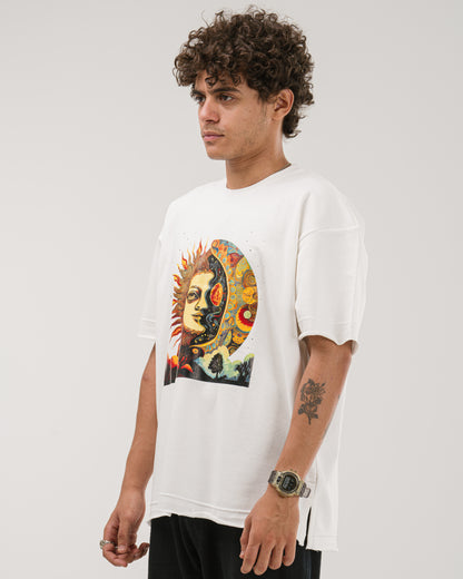 Oversized Celestial Sun and Moon T-Shirt - White