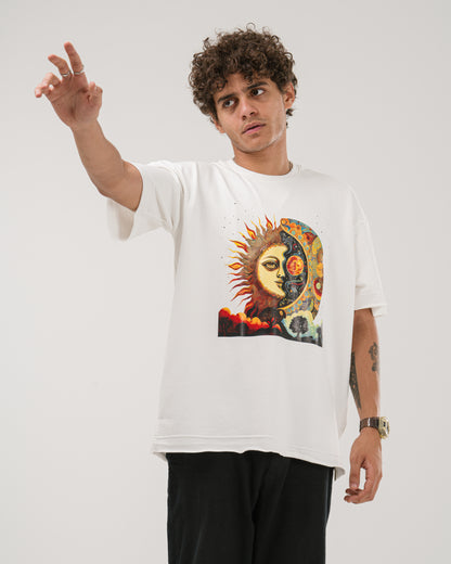 Oversized Celestial Sun and Moon T-Shirt - White