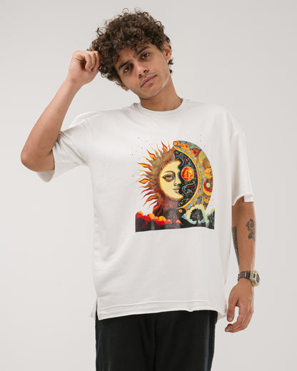 Oversized Celestial Sun and Moon T-Shirt - White